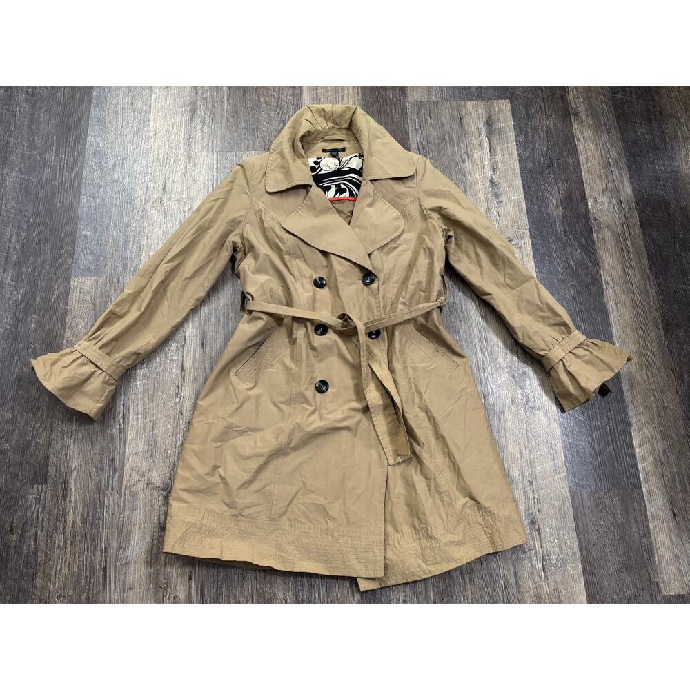 Tommy Hilfiger Womens Tan Khaki Double Breasted Trench Coat Ruffle Cuff Large